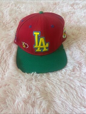Los Angeles LA Snapback Hat in Red with Green Brim